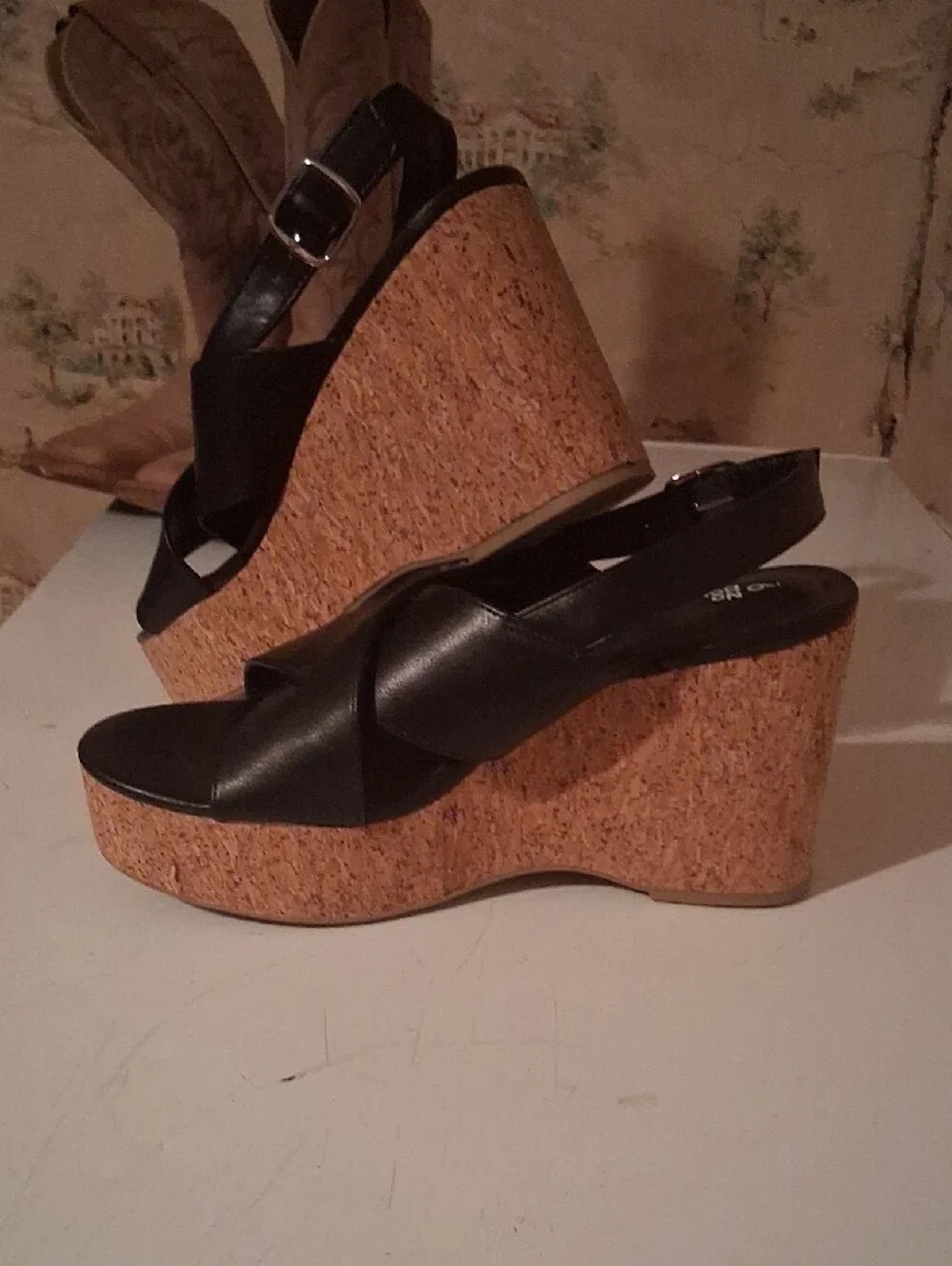 No Boundaries Black Wedge Sandals with Cork-Style Platform